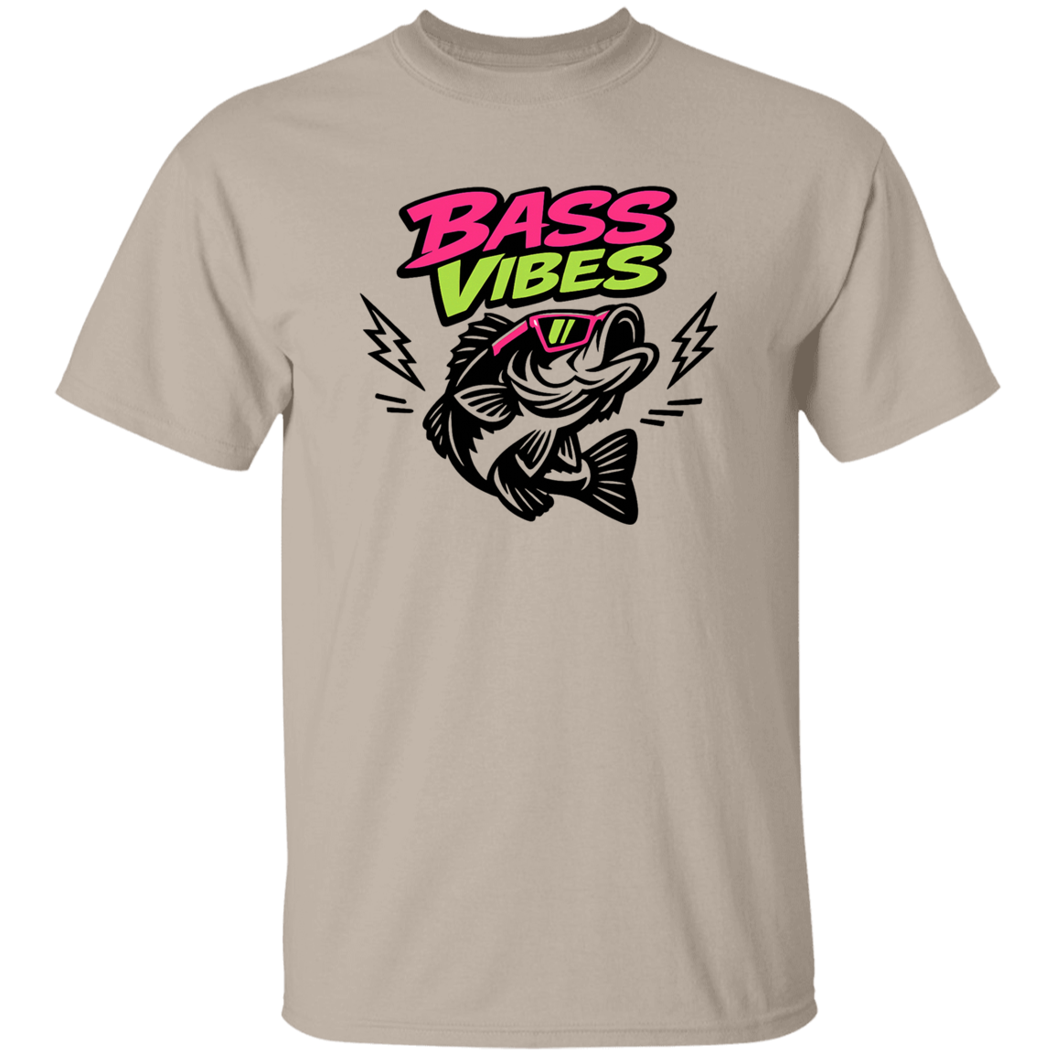 Sand color Bass Vibes t-shirt design – cool bass fish wearing pink sunglasses, neon green and pink text  
