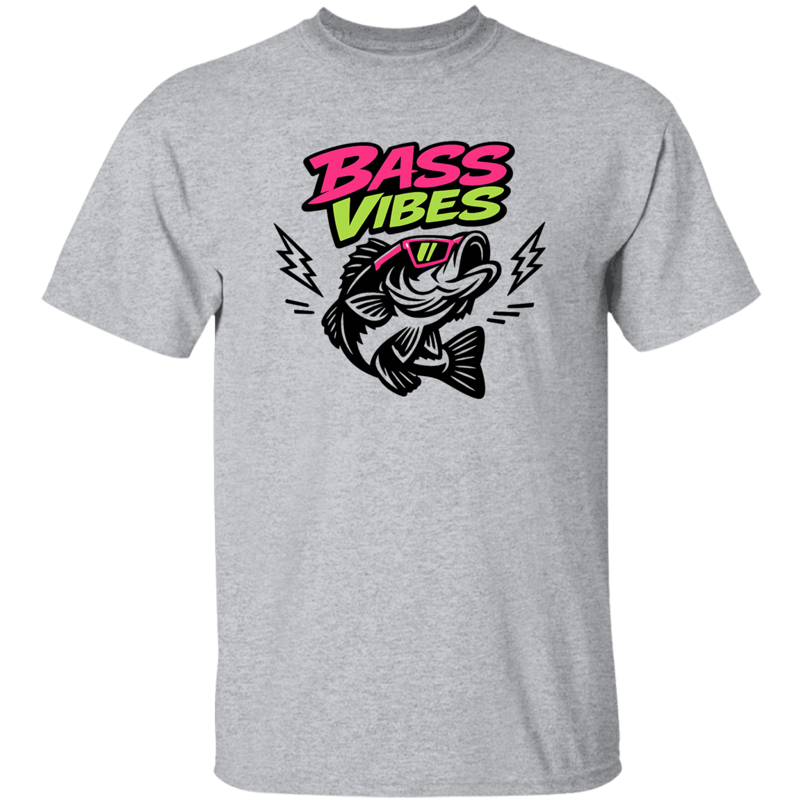 Sport Grey color Bass Vibes t-shirt design – cool bass fish wearing pink sunglasses, neon green and pink text  
