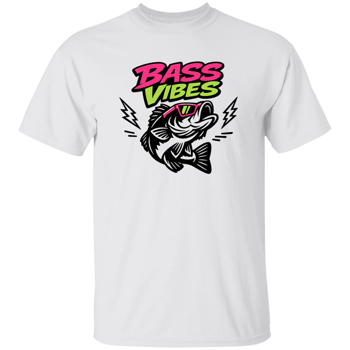 White color Bass Vibes t-shirt design – cool bass fish wearing pink sunglasses, neon green and pink text  
