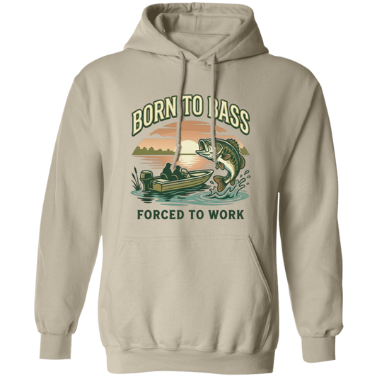 Sand color Bass fishing hoodie design – Born to Bass Forced to Work – largemouth bass jumping from lake at sunset 
