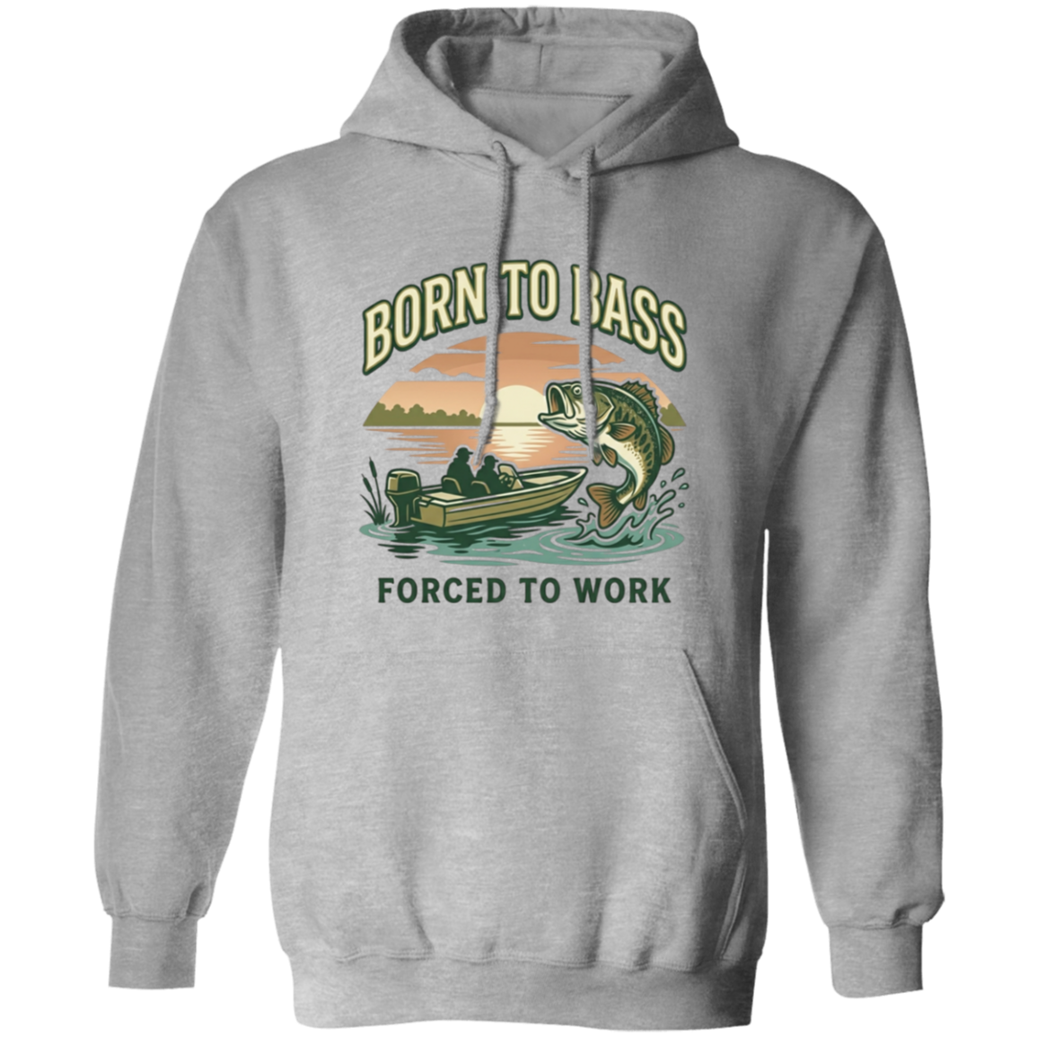 Sport Grey color Bass fishing hoodie design – Born to Bass Forced to Work – largemouth bass jumping from lake at sunset 
