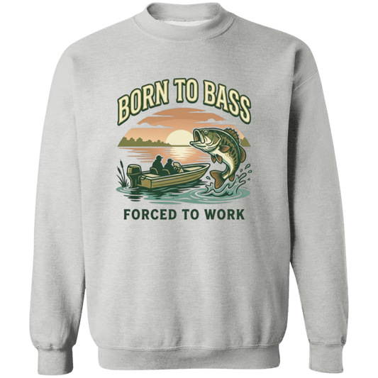 Sport Grey color Bass fishing sweatshirt design – Born to Bass Forced to Work – largemouth bass jumping from lake at sunset 
