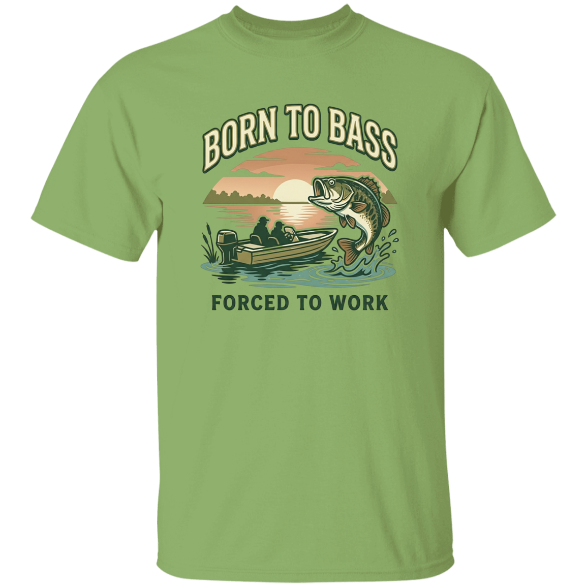 Kiwi color Bass fishing t-shirt design – Born to Bass Forced to Work – largemouth bass jumping from lake at sunset 
