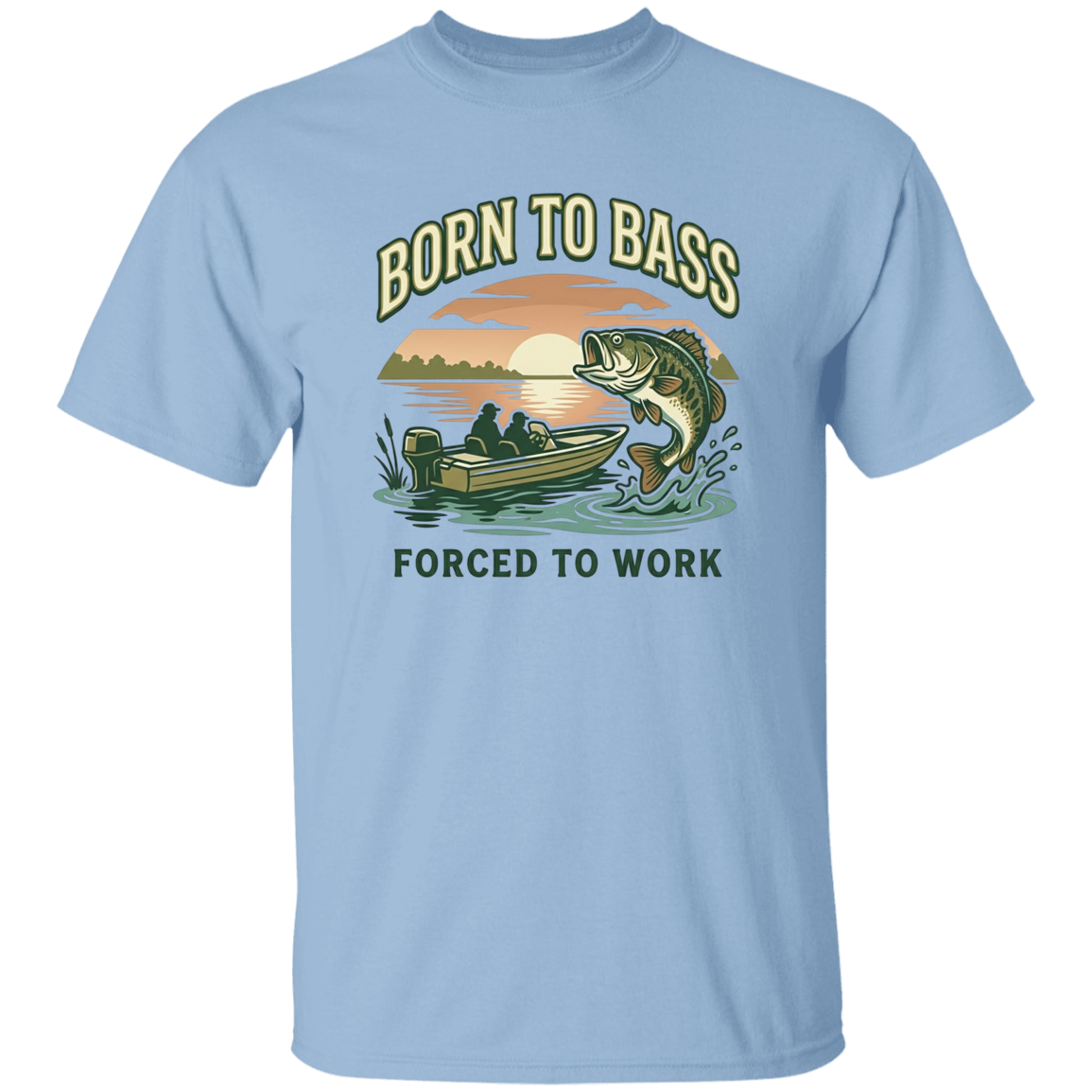 Light Blue color Bass fishing t-shirt design – Born to Bass Forced to Work – largemouth bass jumping from lake at sunset 
