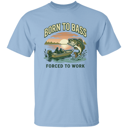 Light Blue color Bass fishing t-shirt design – Born to Bass Forced to Work – largemouth bass jumping from lake at sunset 
