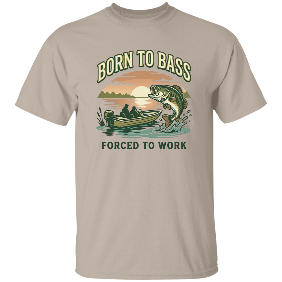 Sand color Bass fishing t-shirt design – Born to Bass Forced to Work – largemouth bass jumping from lake at sunset 
