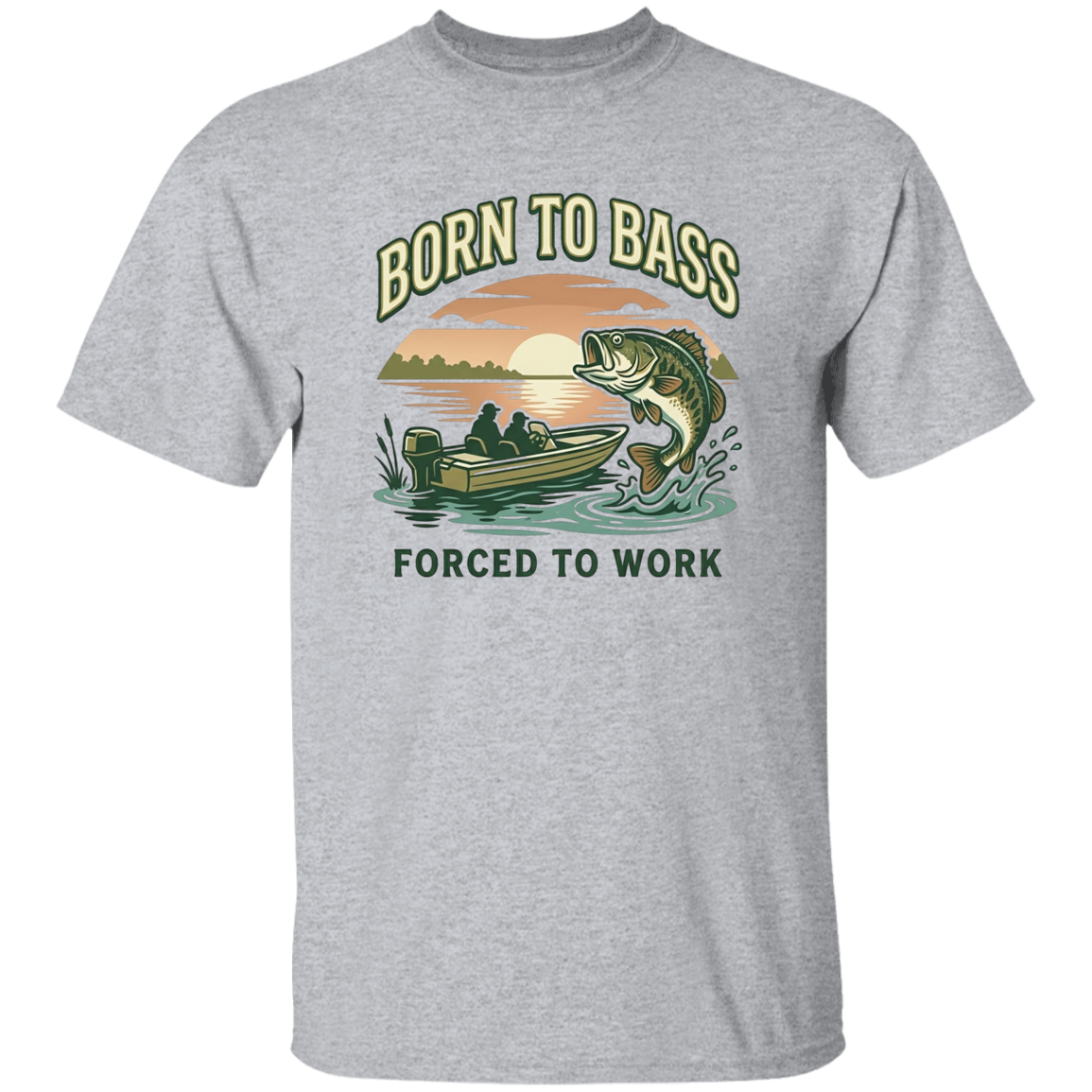 Sport Grey color Bass fishing t-shirt design – Born to Bass Forced to Work – largemouth bass jumping from lake at sunset 
