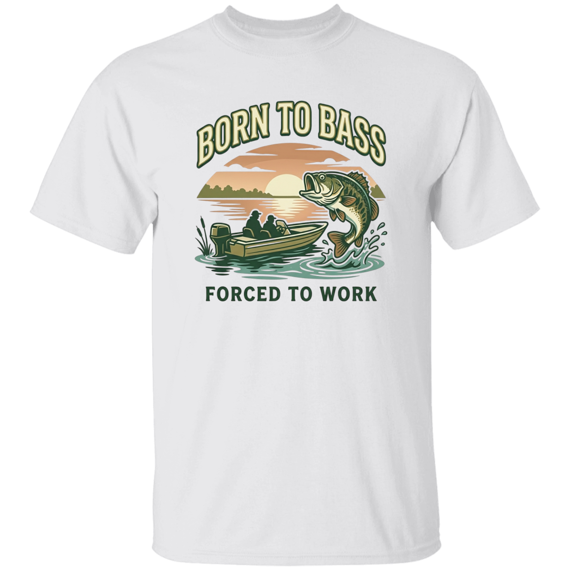 white color Bass fishing t-shirt design – Born to Bass Forced to Work – largemouth bass jumping from lake at sunset 
