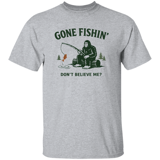 Sasquach sitting on a log fishing saying "Gone Fishin' Don't Believe Me? t-shirt sport grey color