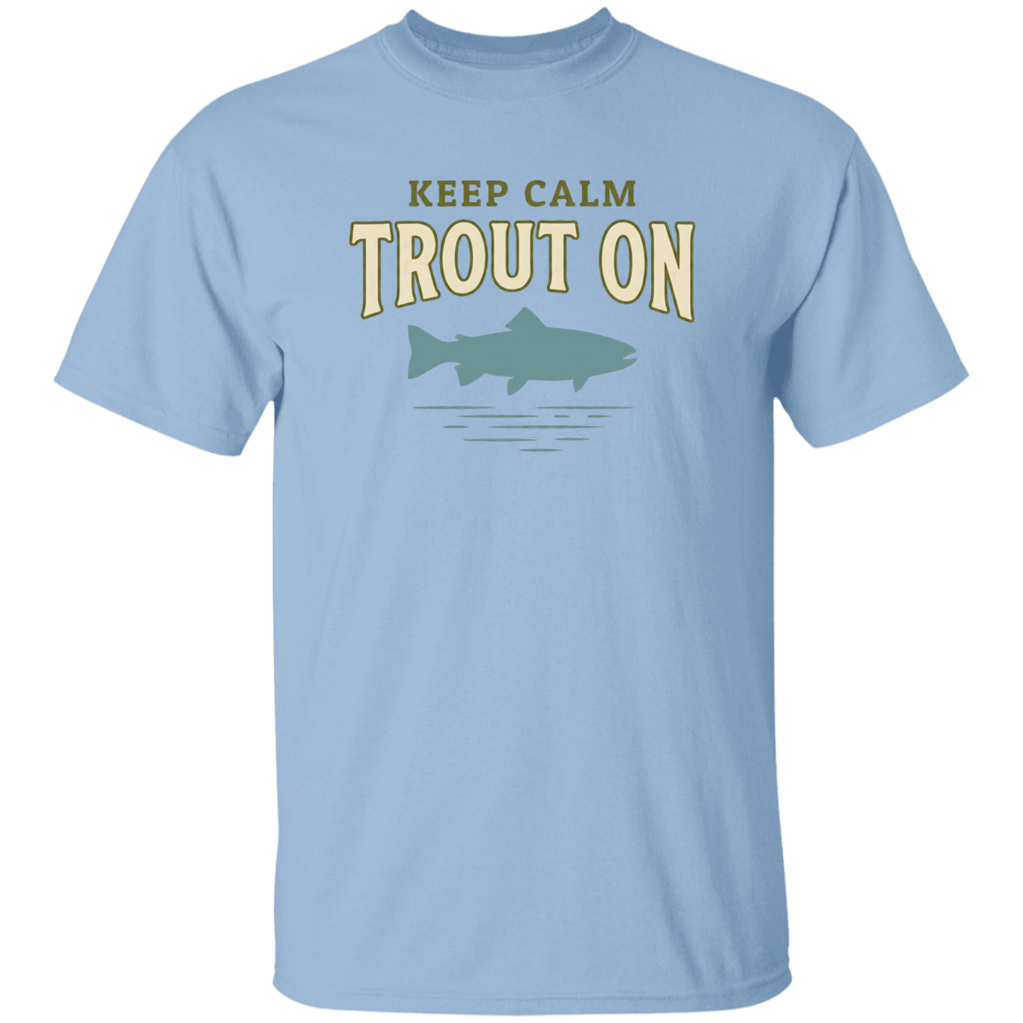 Light Blue color Keep Calm Trout On fishing design t-shirt – trout silhouette for fly fishing lovers
