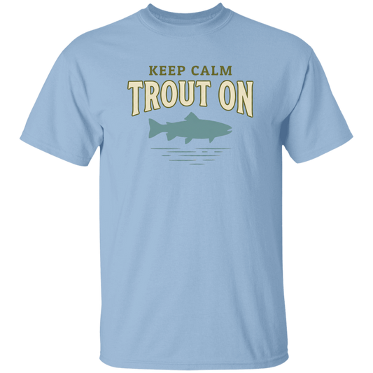 Light Blue color Keep Calm Trout On fishing design t-shirt – trout silhouette for fly fishing lovers
