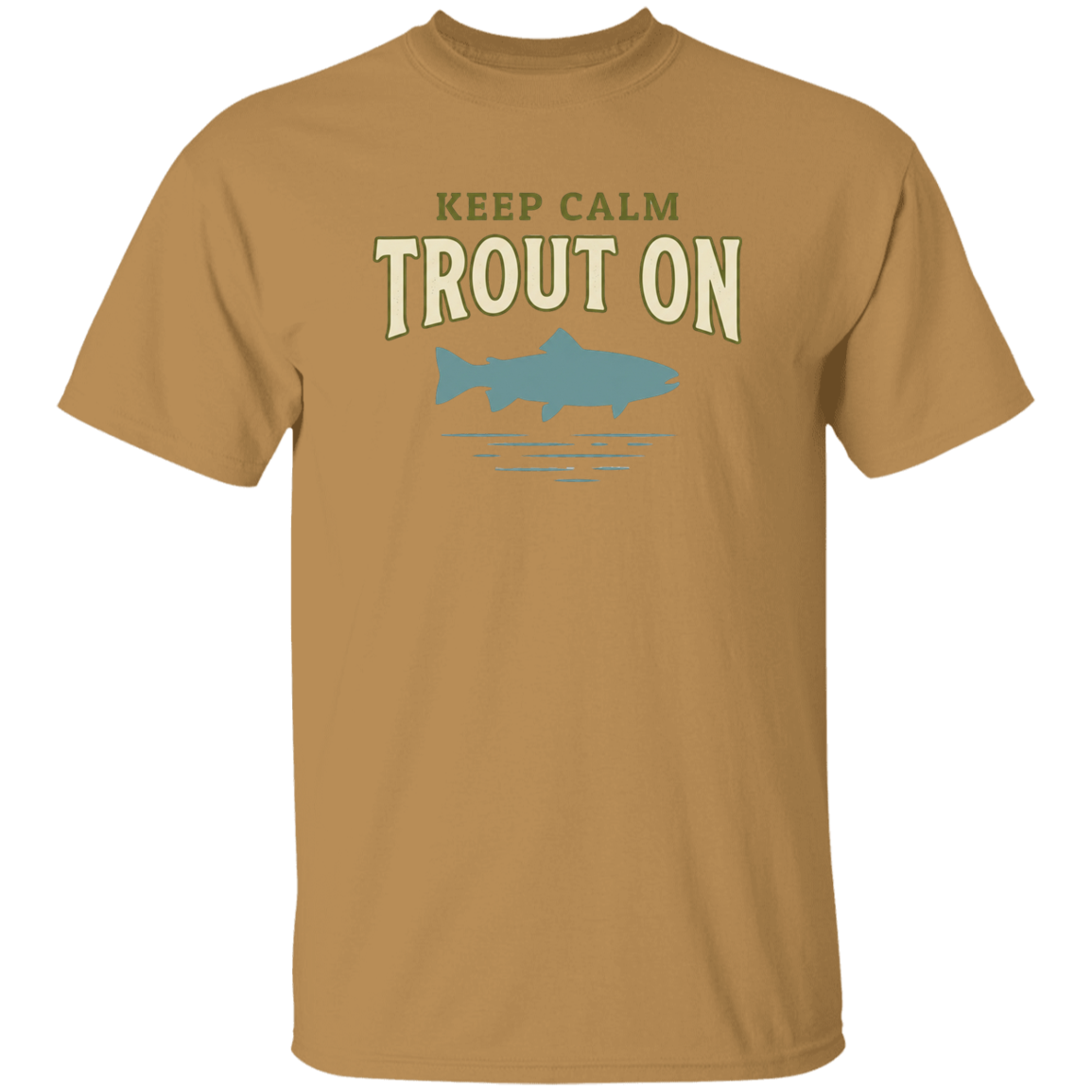 Old Gold color Keep Calm Trout On fishing design t-shirt – trout silhouette for fly fishing lovers
