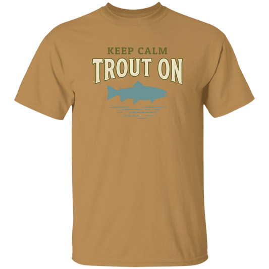 Old Gold color Keep Calm Trout On fishing design t-shirt – trout silhouette for fly fishing lovers
