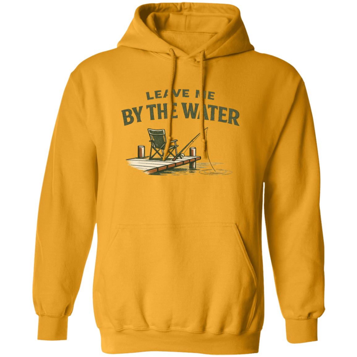 Gold Fishing dock graphic hoodie - "Leave Me By The Water" - camp chair, fishing rod, lake ripple design
