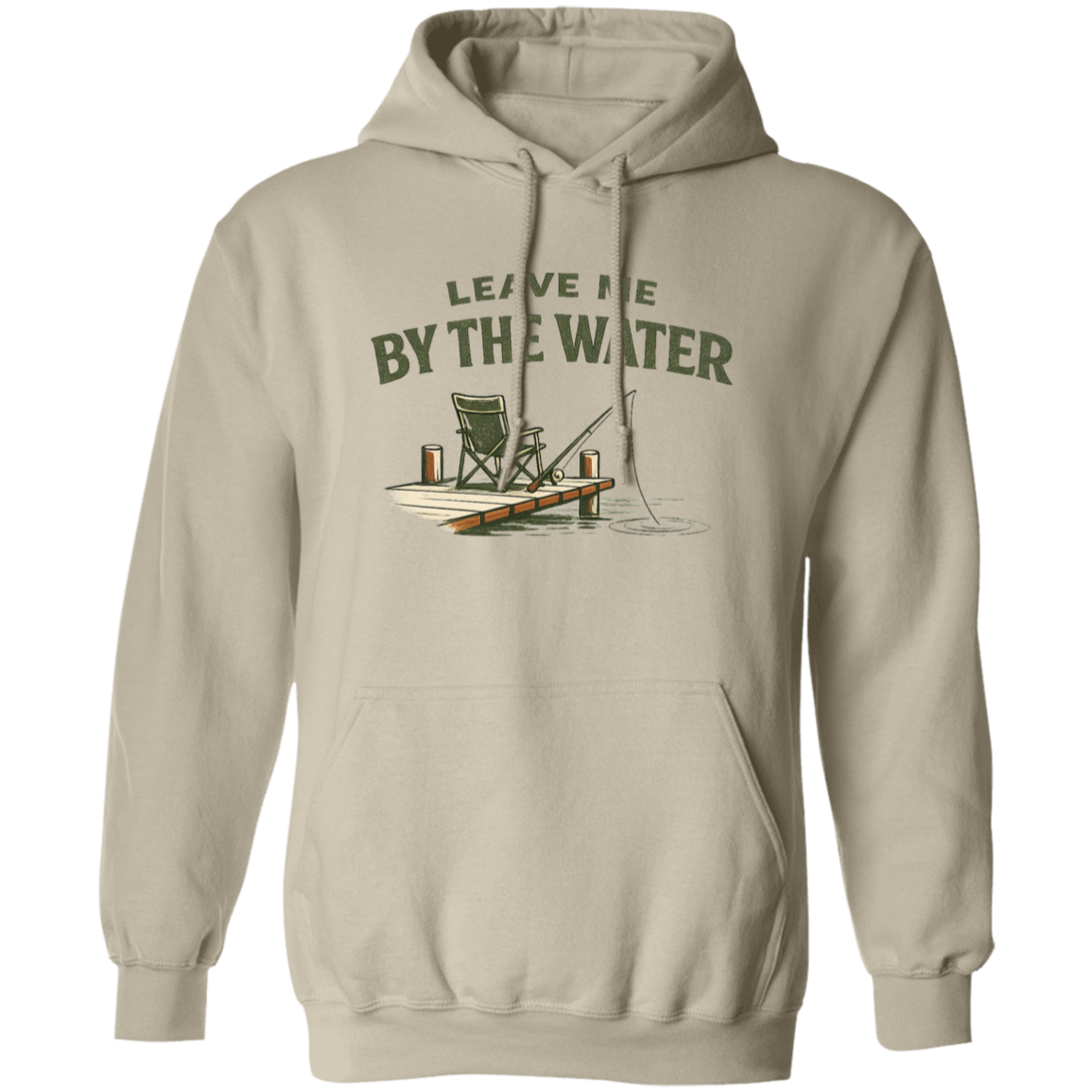 Sand color Fishing dock graphic hoodie - "Leave Me By The Water" - camp chair, fishing rod, lake ripple design
