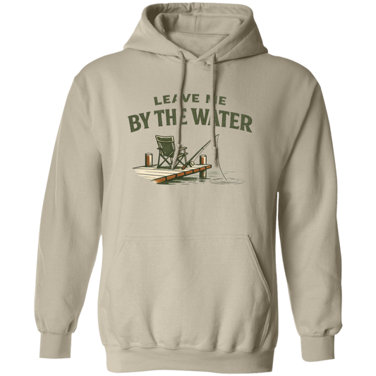 Sand color Fishing dock graphic hoodie - "Leave Me By The Water" - camp chair, fishing rod, lake ripple design
