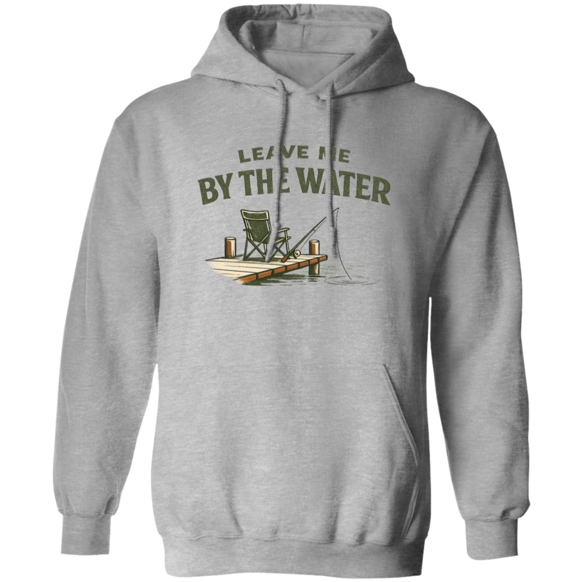 Sport Grey color Fishing dock graphic hoodie - "Leave Me By The Water" - camp chair, fishing rod, lake ripple design
