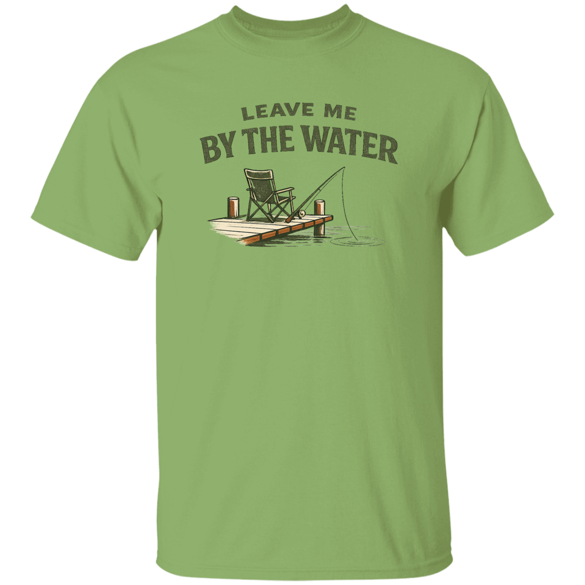 Kiwi color Fishing dock graphic t-shirt - "Leave Me By The Water" - camp chair, fishing rod, lake ripple design
age