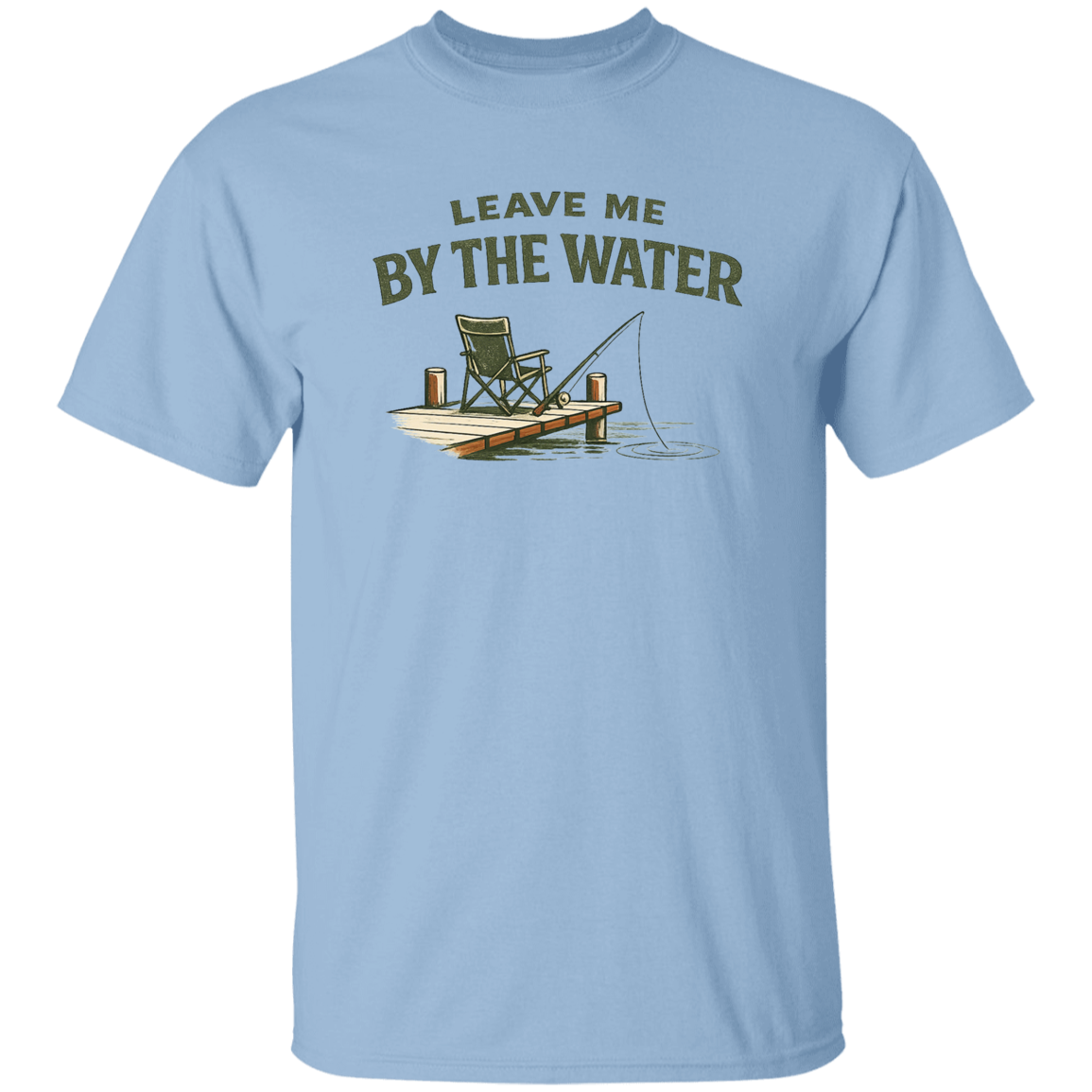 Light Blue color Fishing dock graphic t-shirt - "Leave Me By The Water" - camp chair, fishing rod, lake ripple design
