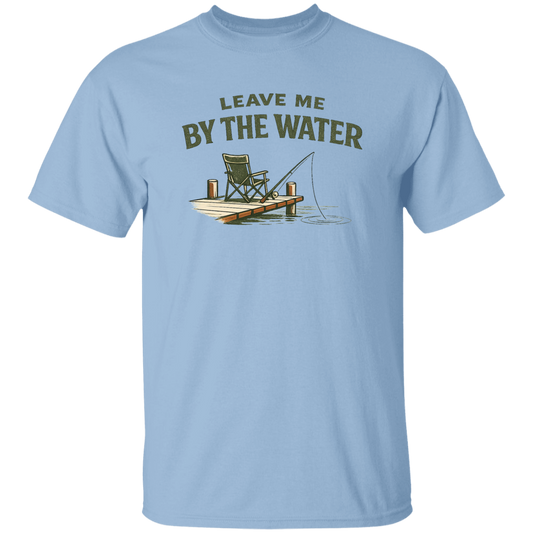 Light Blue color Fishing dock graphic t-shirt - "Leave Me By The Water" - camp chair, fishing rod, lake ripple design
