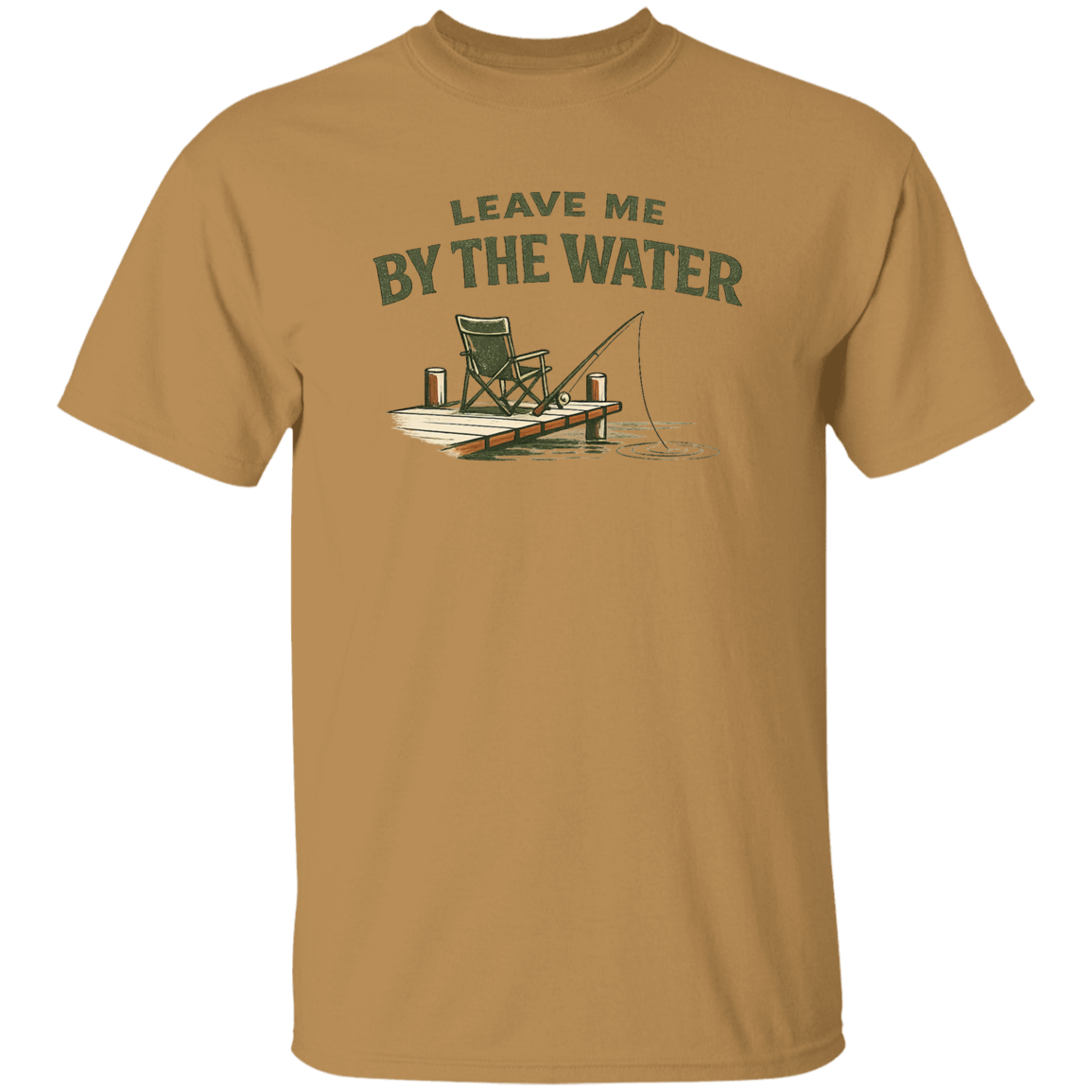 Old Gold Fishing dock graphic t-shirt - "Leave Me By The Water" - camp chair, fishing rod, lake ripple design
