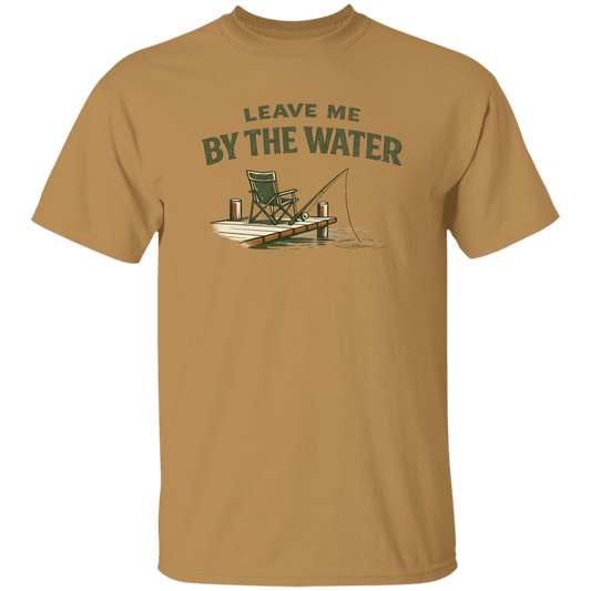 Old Gold Fishing dock graphic t-shirt - "Leave Me By The Water" - camp chair, fishing rod, lake ripple design

