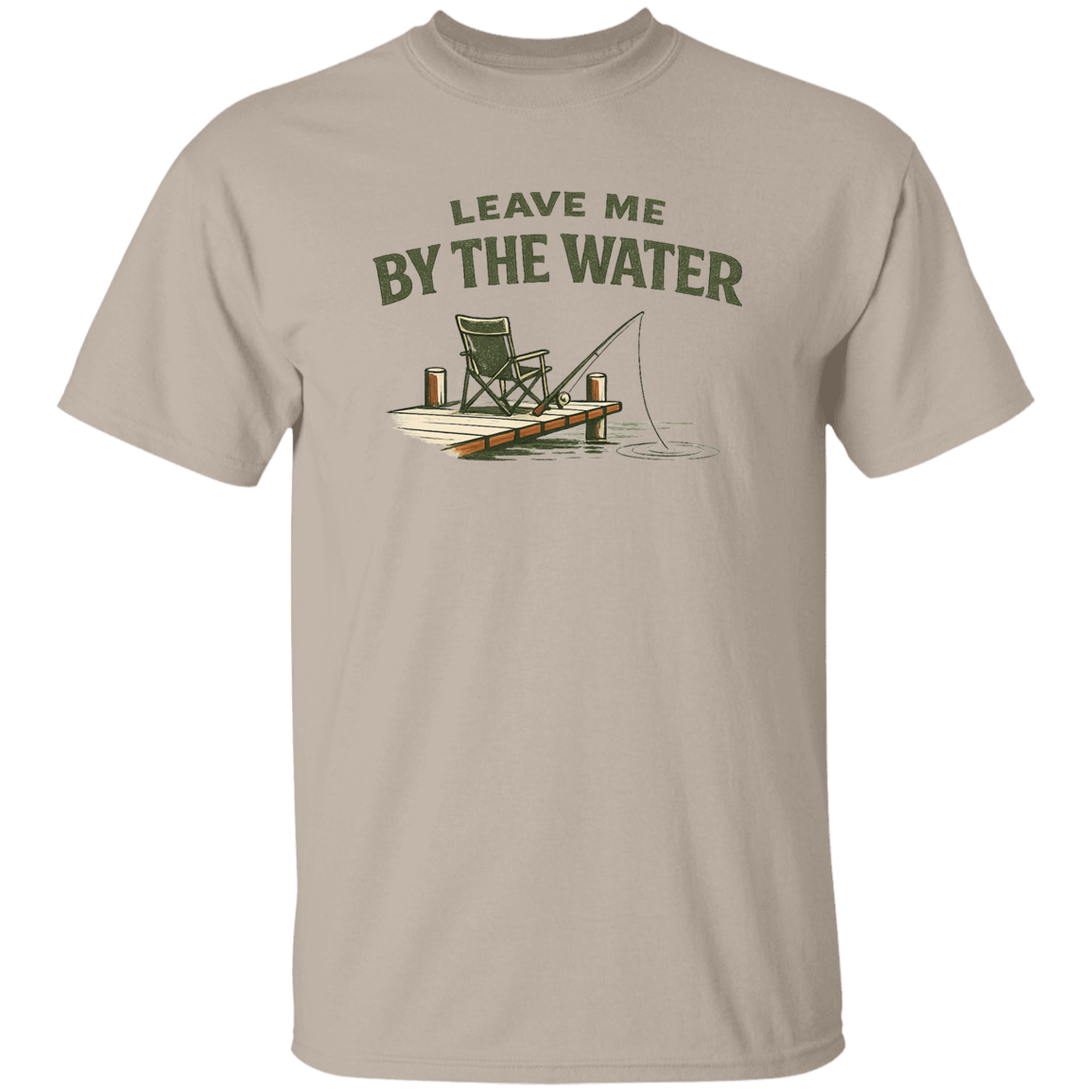 Sand color Fishing dock graphic t-shirt - "Leave Me By The Water" - camp chair, fishing rod, lake ripple design
