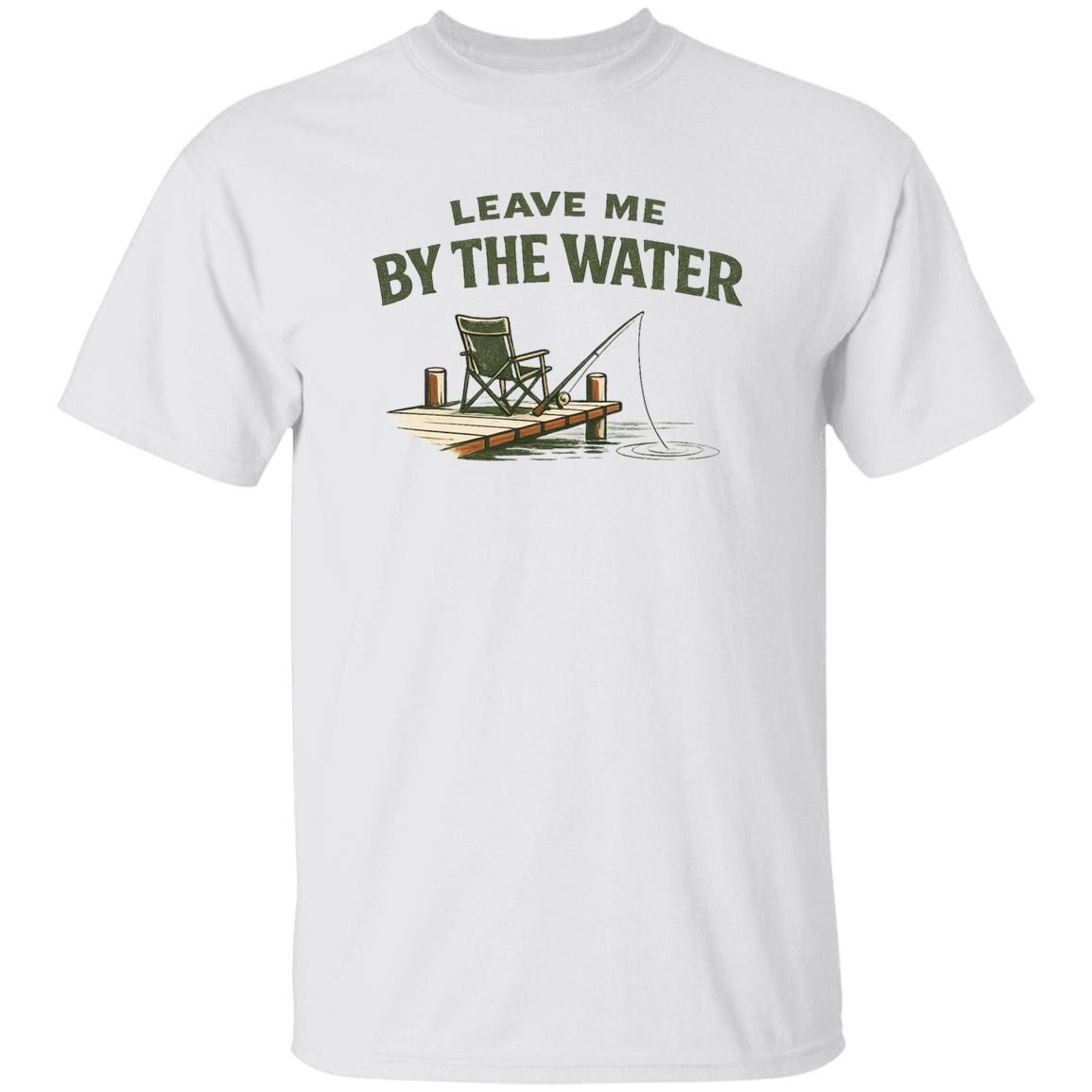 White color Fishing dock graphic t-shirt - "Leave Me By The Water" - camp chair, fishing rod, lake ripple design
