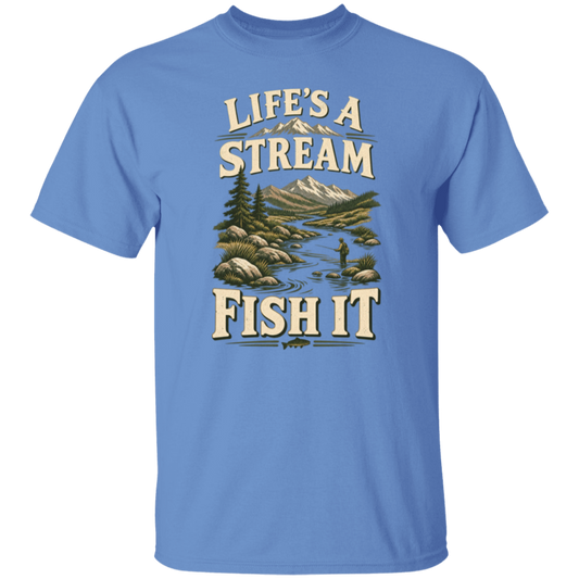 Carolina Blue color t-shirt with a saying, Life's A Stream Fish It, for men and women 