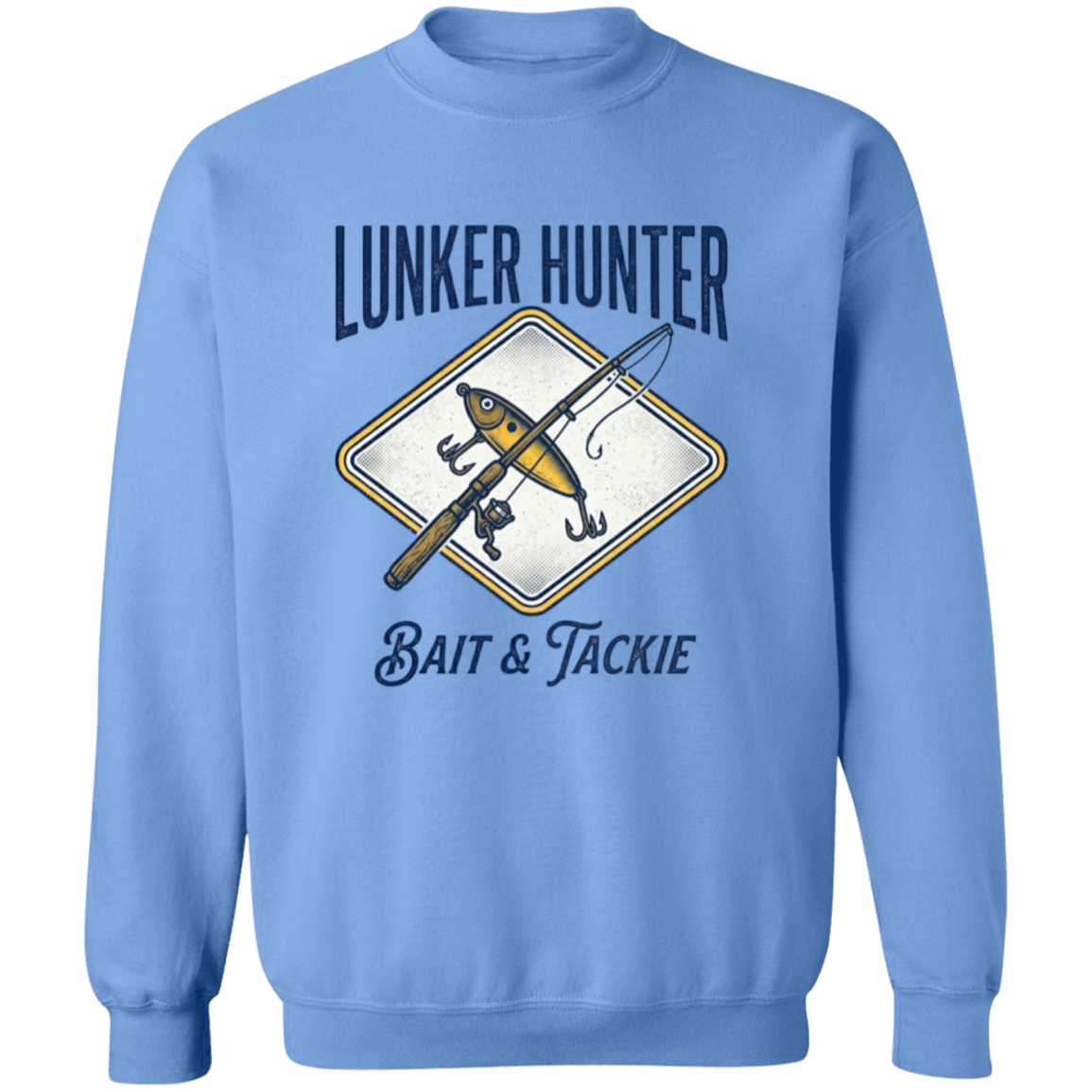 Lunker Hunter Bait & Tackle sweatshirt with a crossed rod and lure Carolina-Blue in color 