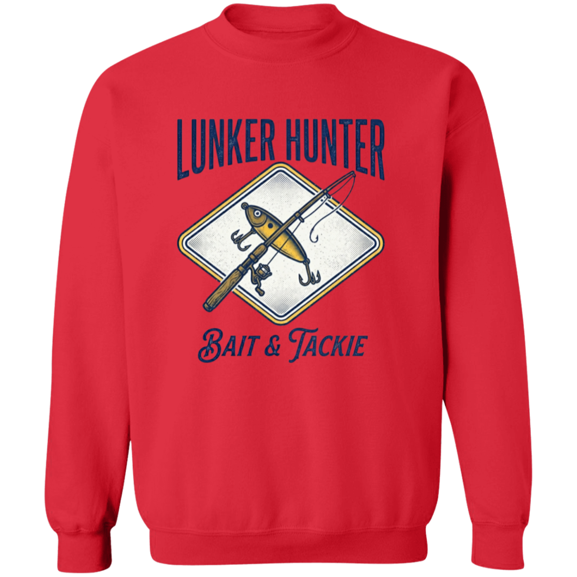 Lunker Hunter Bait & Tackle sweatshirt with a crossed rod and lure red in color 
