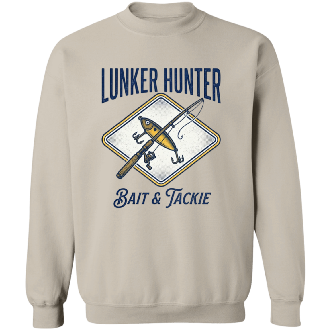 Lunker Hunter Bait & Tackle sweatshirt with a crossed rod and lure sand in color 