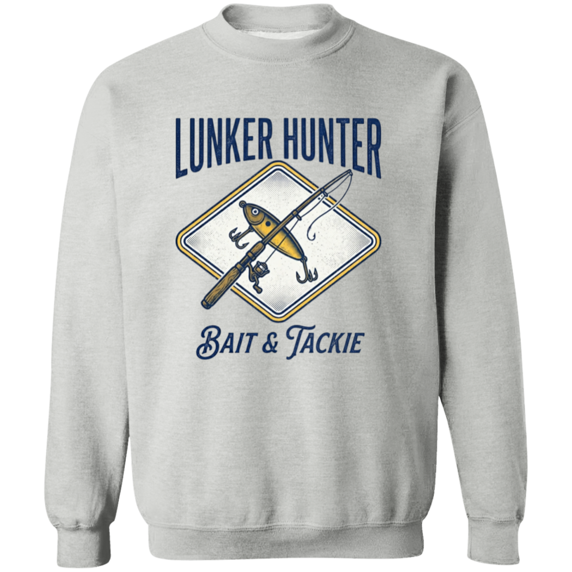 Lunker Hunter Bait & Tackle sweatshirt with a crossed rod and lure sport-grey in color