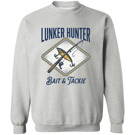 Lunker Hunter Bait & Tackle sweatshirt with a crossed rod and lure sport-grey in color