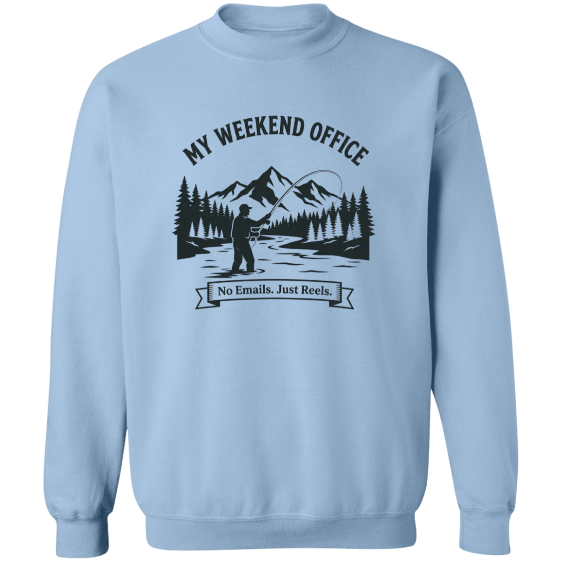 Fisherman in his weekend office sweatshirt in light-blue color