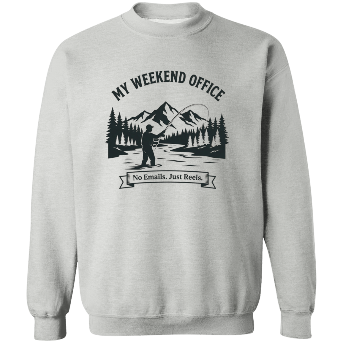 Fisherman in his weekend office sweatshirt in sport-grey color