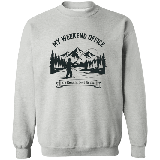 Fisherman in his weekend office sweatshirt in sport-grey color