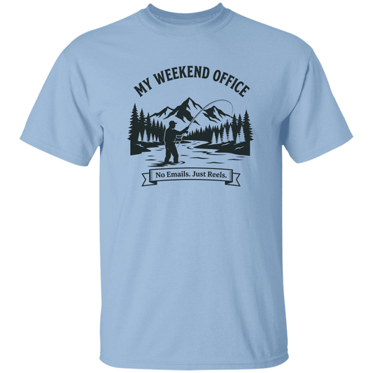 Fisherman in his weekend office t-shirt in light-blue color