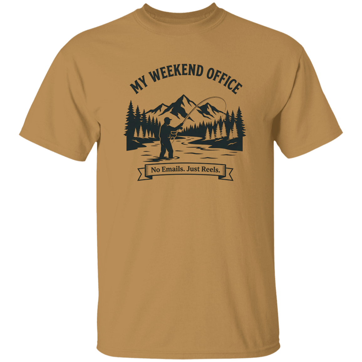 Fisherman in his weekend office t-shirt in old-gold color