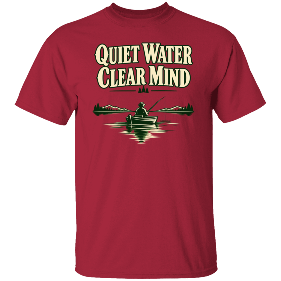 Cardinal color t-shirt with a saying, Quiet Water Clear Mind, for men and women