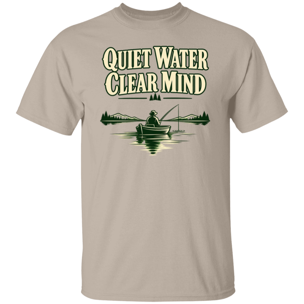 sand color t-shirt with a saying, Quiet Water Clear Mind, for men and women