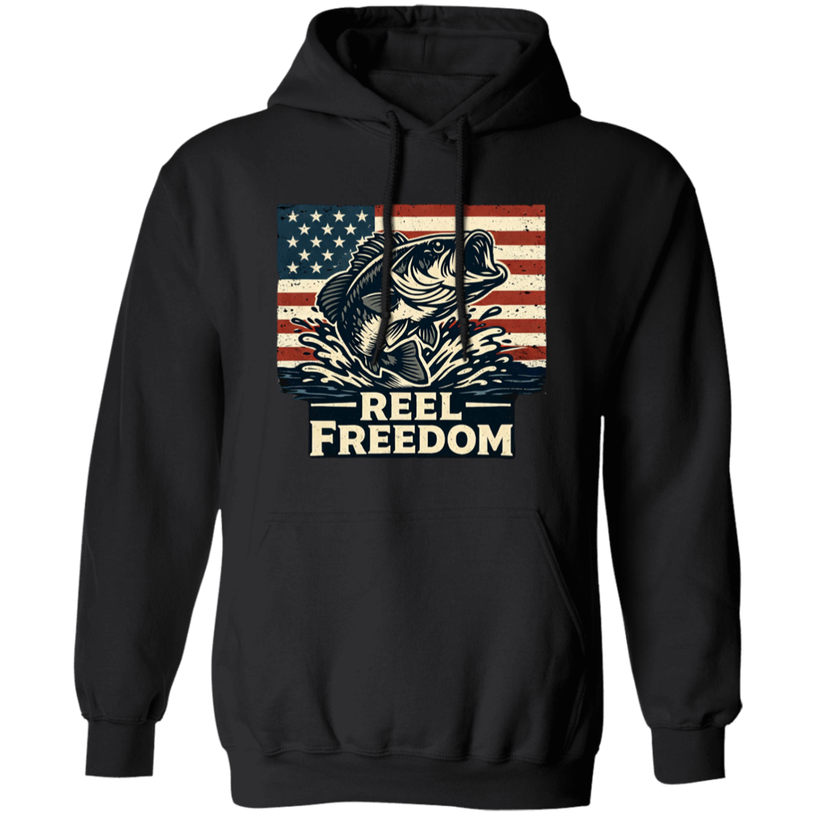 Black color fishing hoodie with jumping bass and American flag graphic – Reel Freedom patriotic angler
