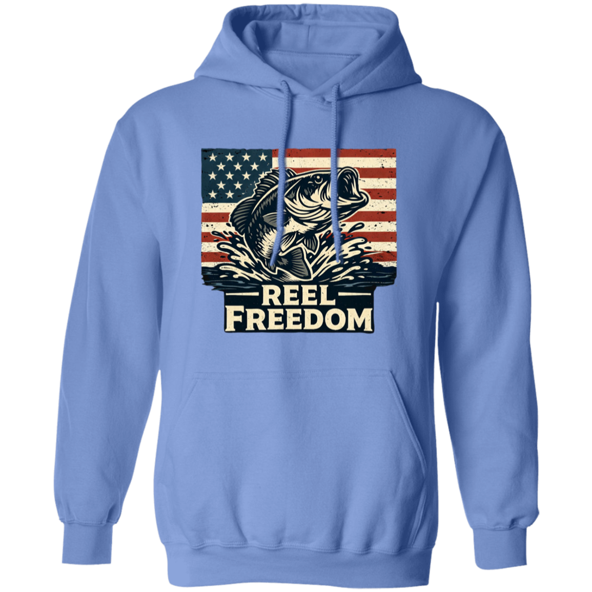 Carolina blue color fishing hoodie with jumping bass and American flag graphic – Reel Freedom patriotic angler
