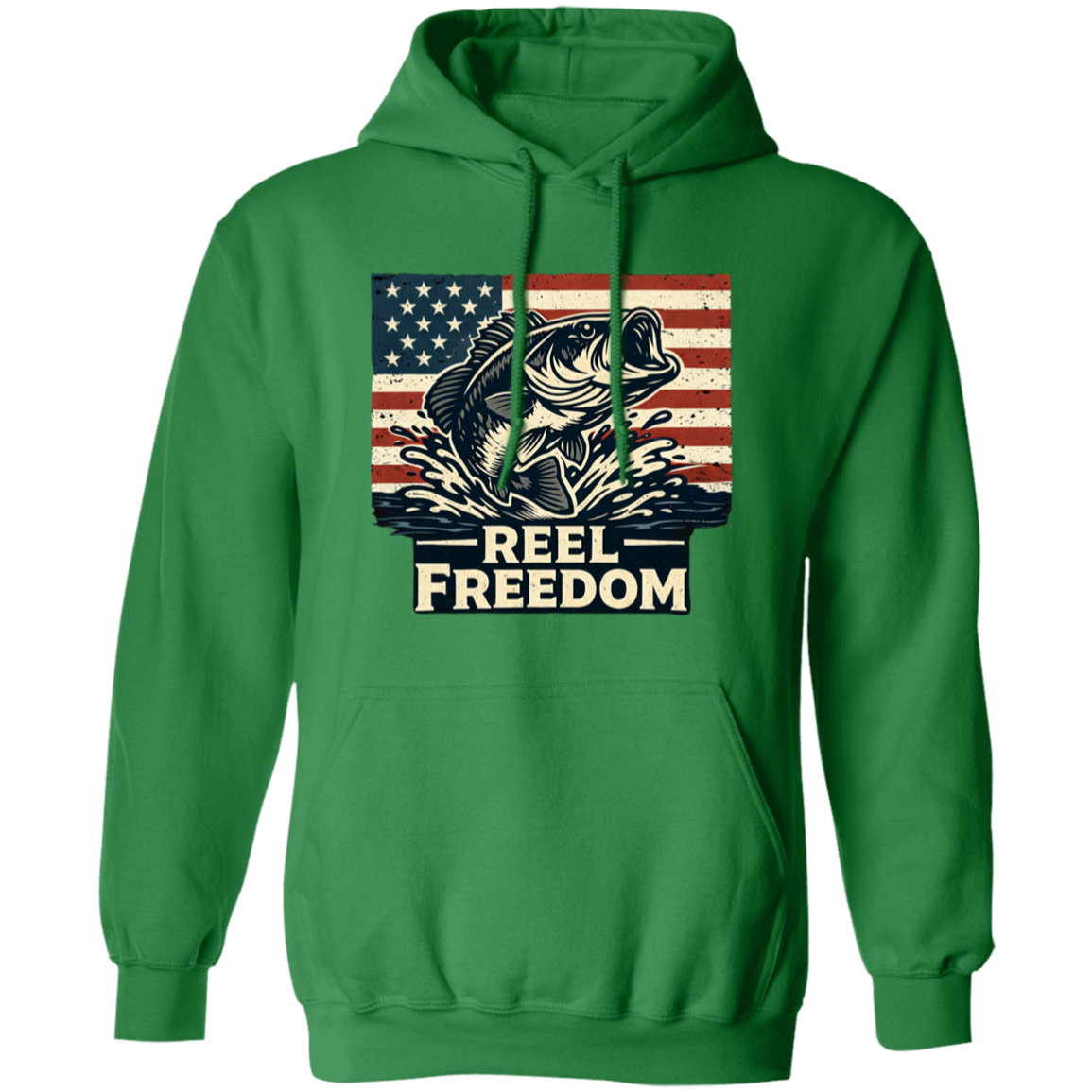 Irish green color fishing hoodie with jumping bass and American flag graphic – Reel Freedom patriotic angler
