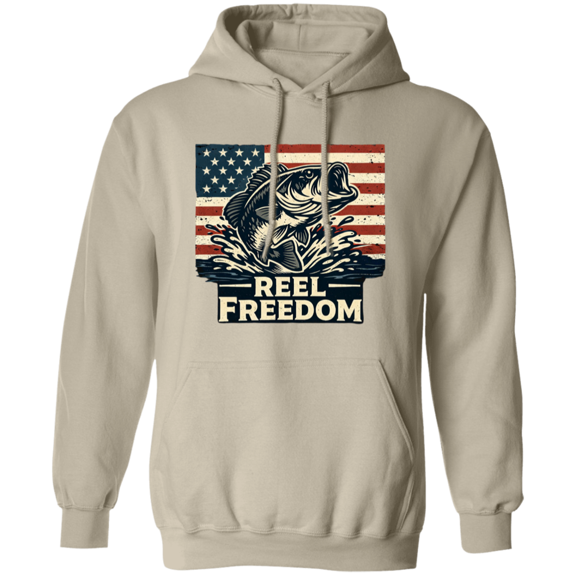 Sand color fishing hoodie with jumping bass and American flag graphic – Reel Freedom patriotic angler
