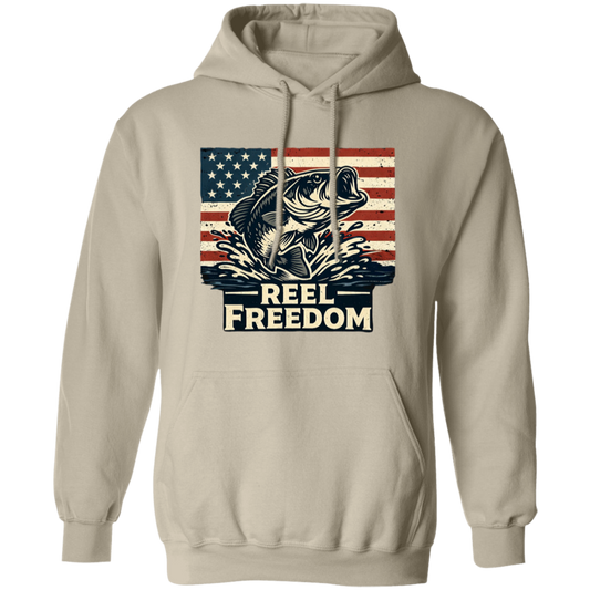 Sand color fishing hoodie with jumping bass and American flag graphic – Reel Freedom patriotic angler
