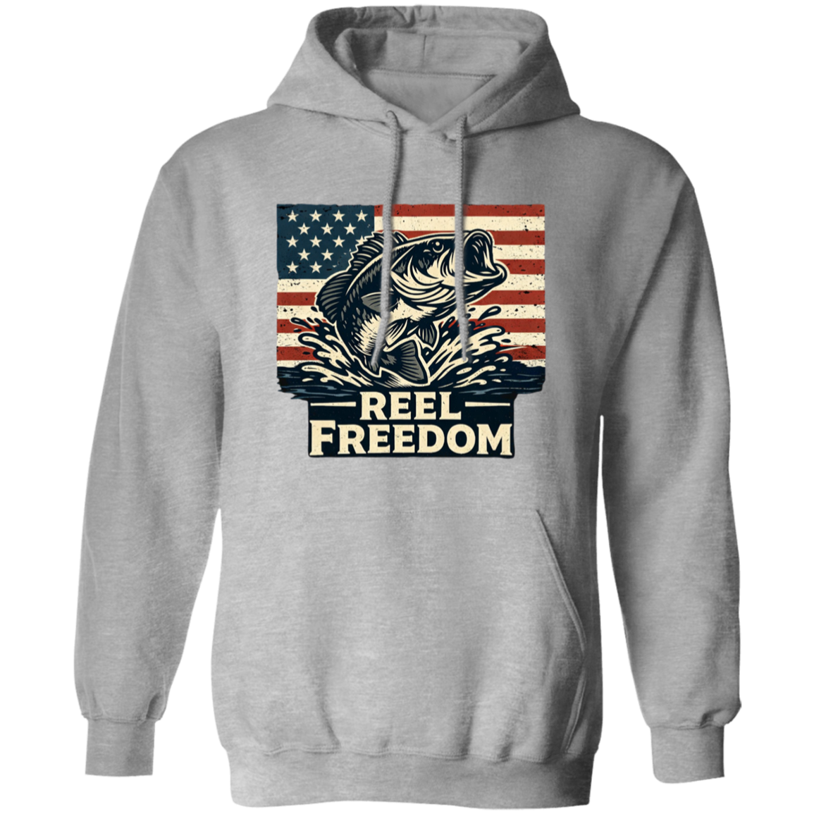 Sport grey color fishing hoodie with jumping bass and American flag graphic – Reel Freedom patriotic angler
