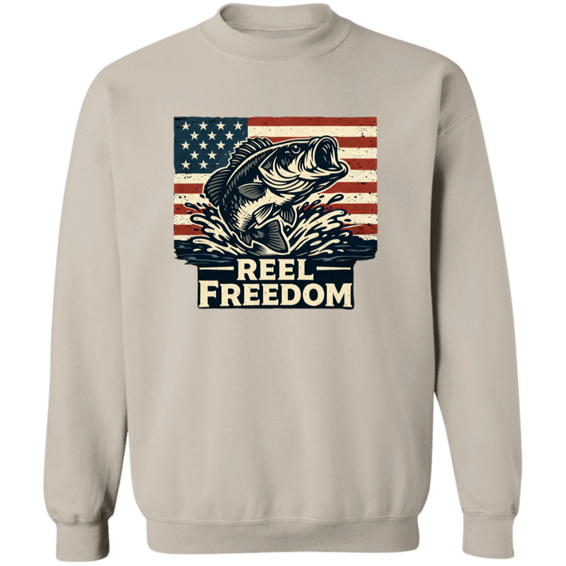 Sand color fishing sweatshirt with jumping bass and American flag graphic – Reel Freedom patriotic angler
