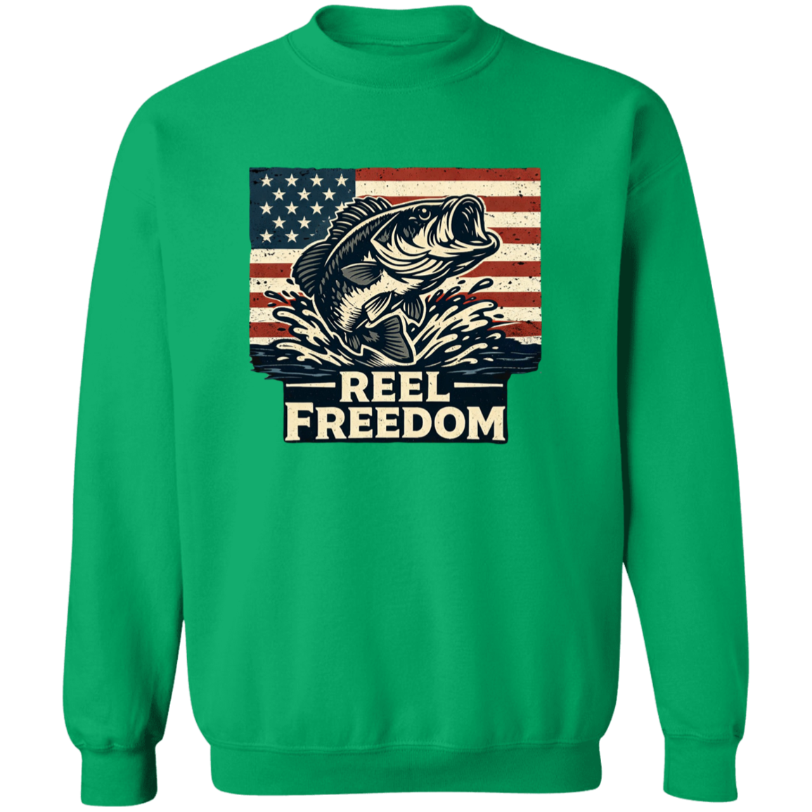 Irish green color fishing sweatshirt with jumping bass and American flag graphic – Reel Freedom patriotic angler
