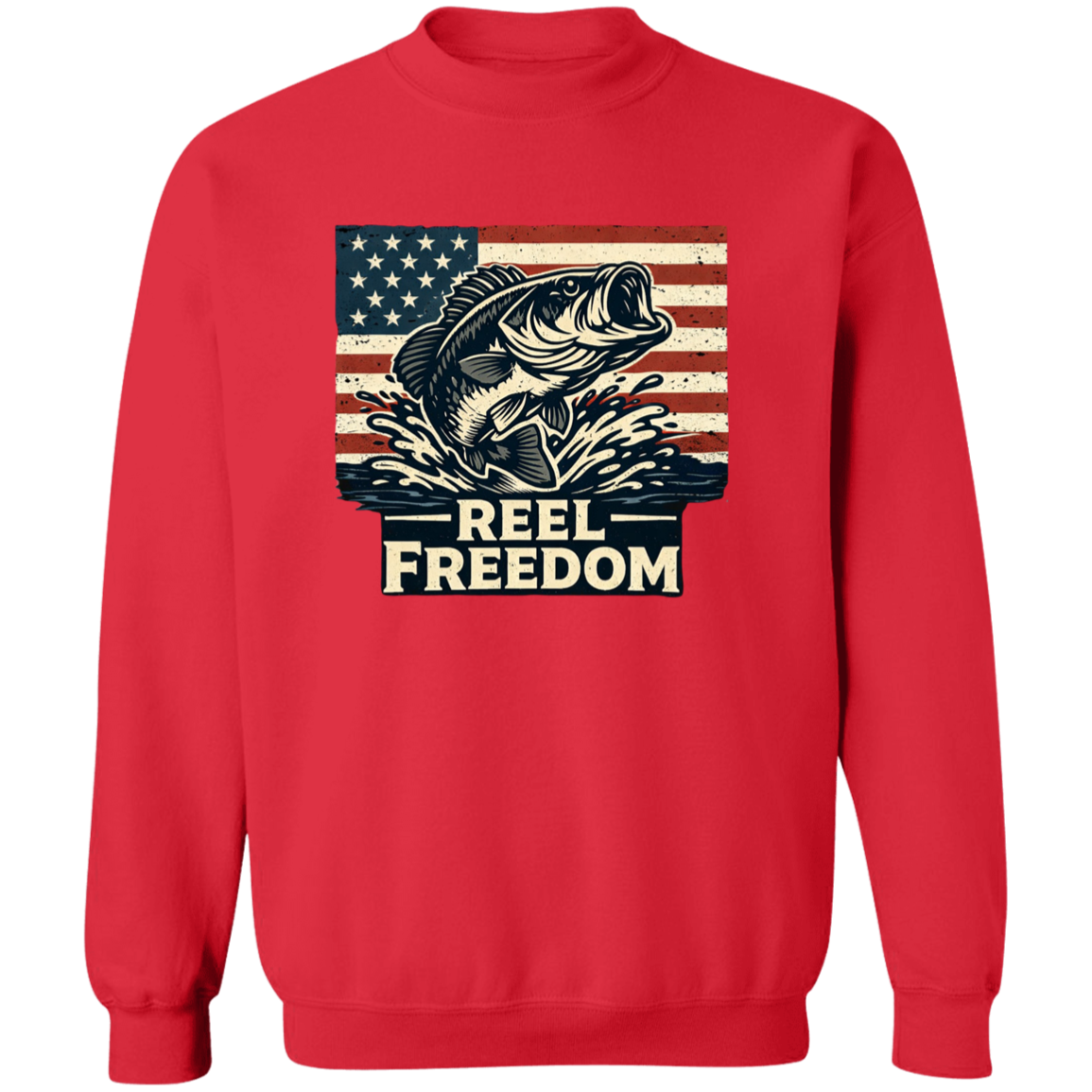 Red color fishing sweatshirt with jumping bass and American flag graphic – Reel Freedom patriotic angler
